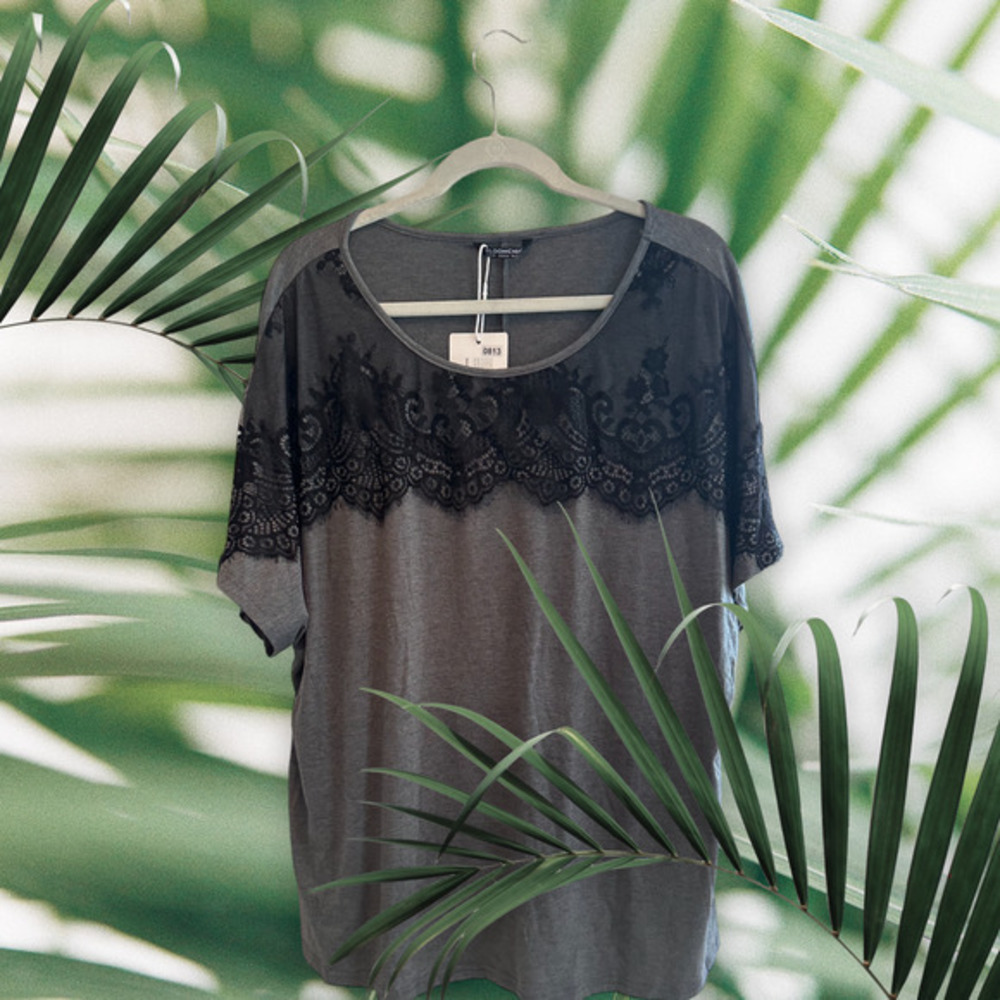 Plain Crew Neck Lace Dolman Sleeve T-Shirt